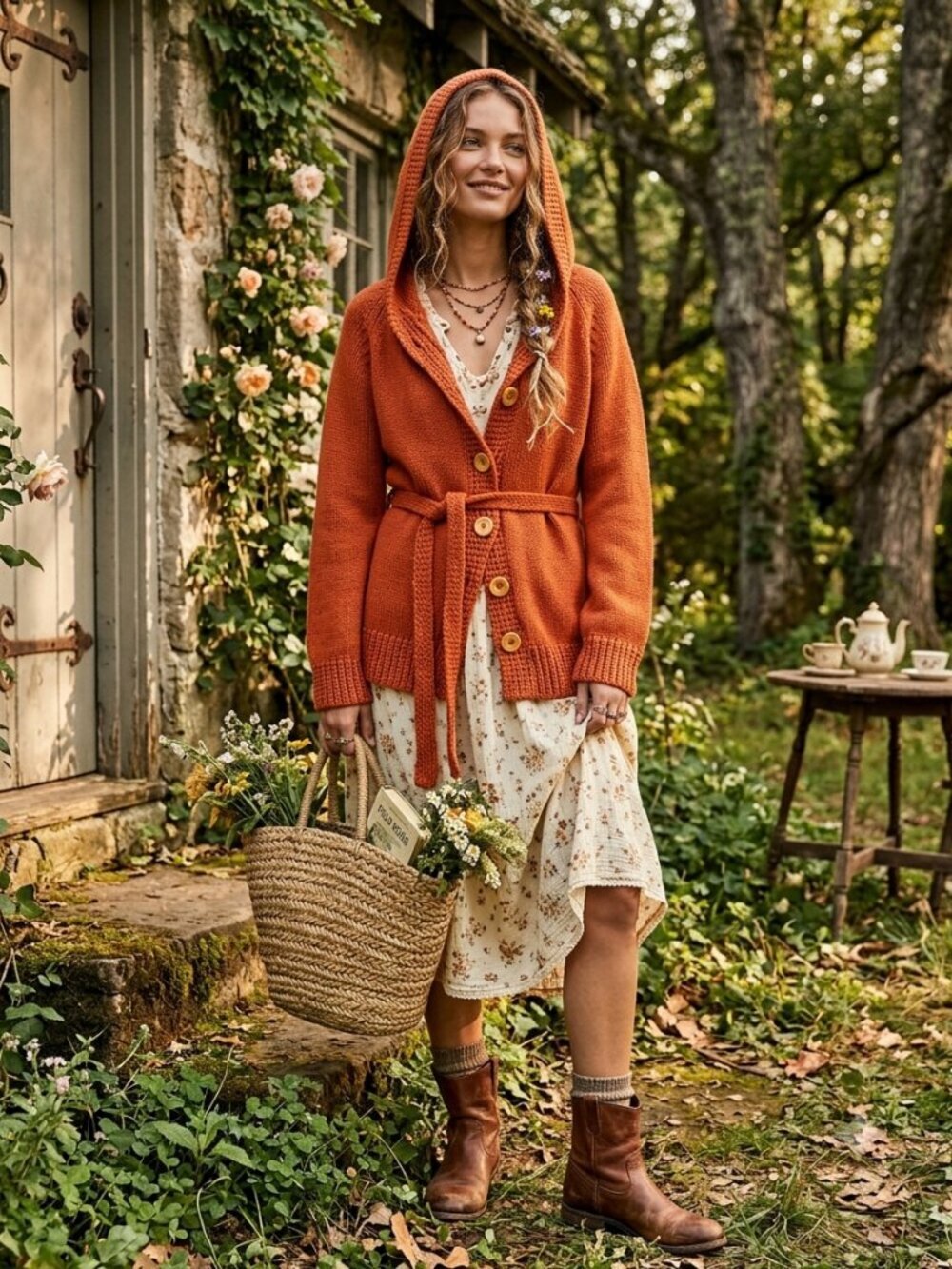 Y2K H&M Women’s Orange Chunky Knit Belted Cardigan Cabincore Sweater Large